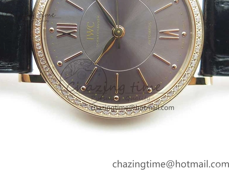MIROTIME 1218 Durable Portofino 37mm RG V7F 1:1 Best Edition Gray Dial Diamonds Bezel on Black Leather Strap A 7089